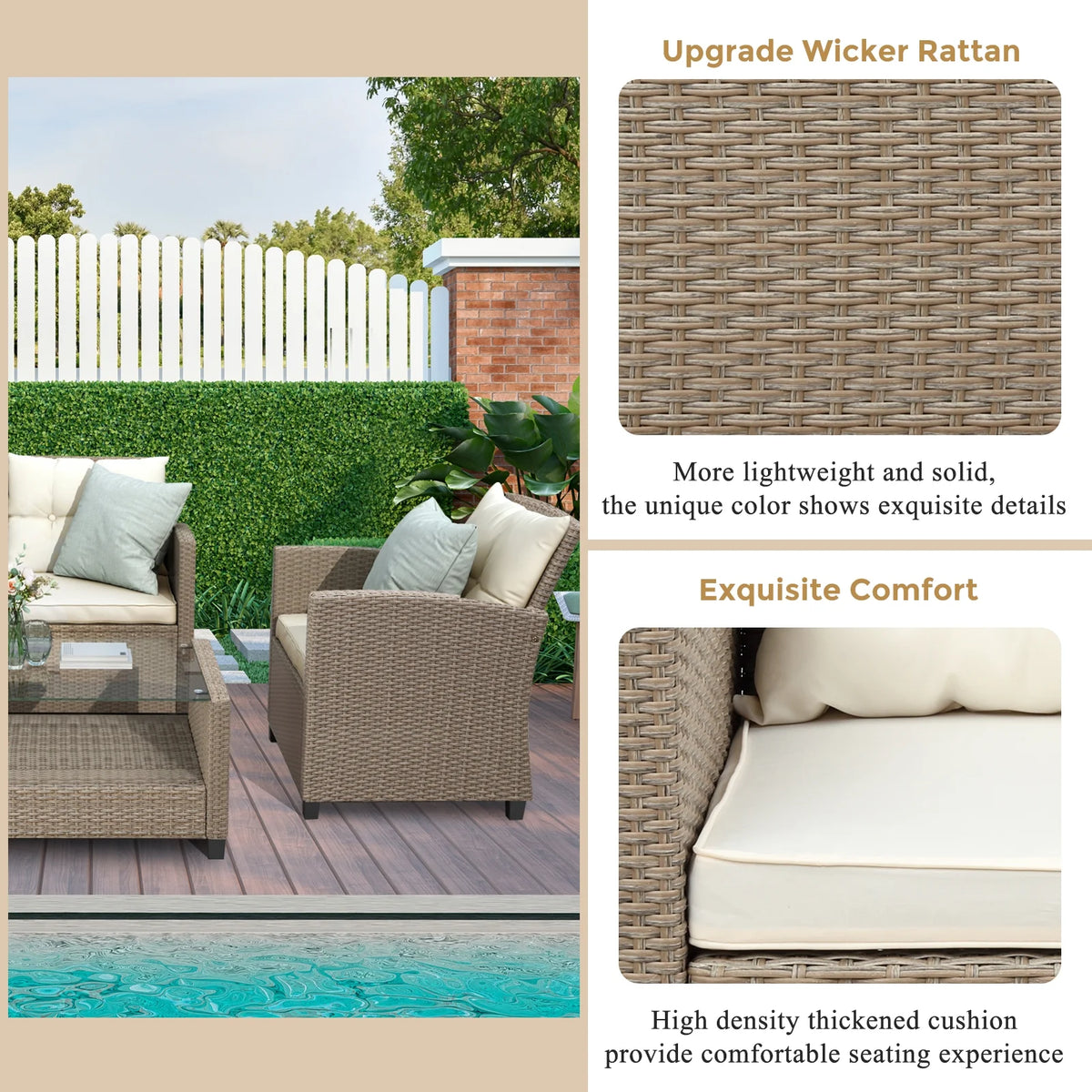 SEGMART 4 Piece Patio Furniture Set, All-Weather Outdoor Sectional Sofa Set, PE Rattan Conversation Set with Storage Box, Table & Cushions, Wicker Furniture Couch Set for Patio Deck Garden