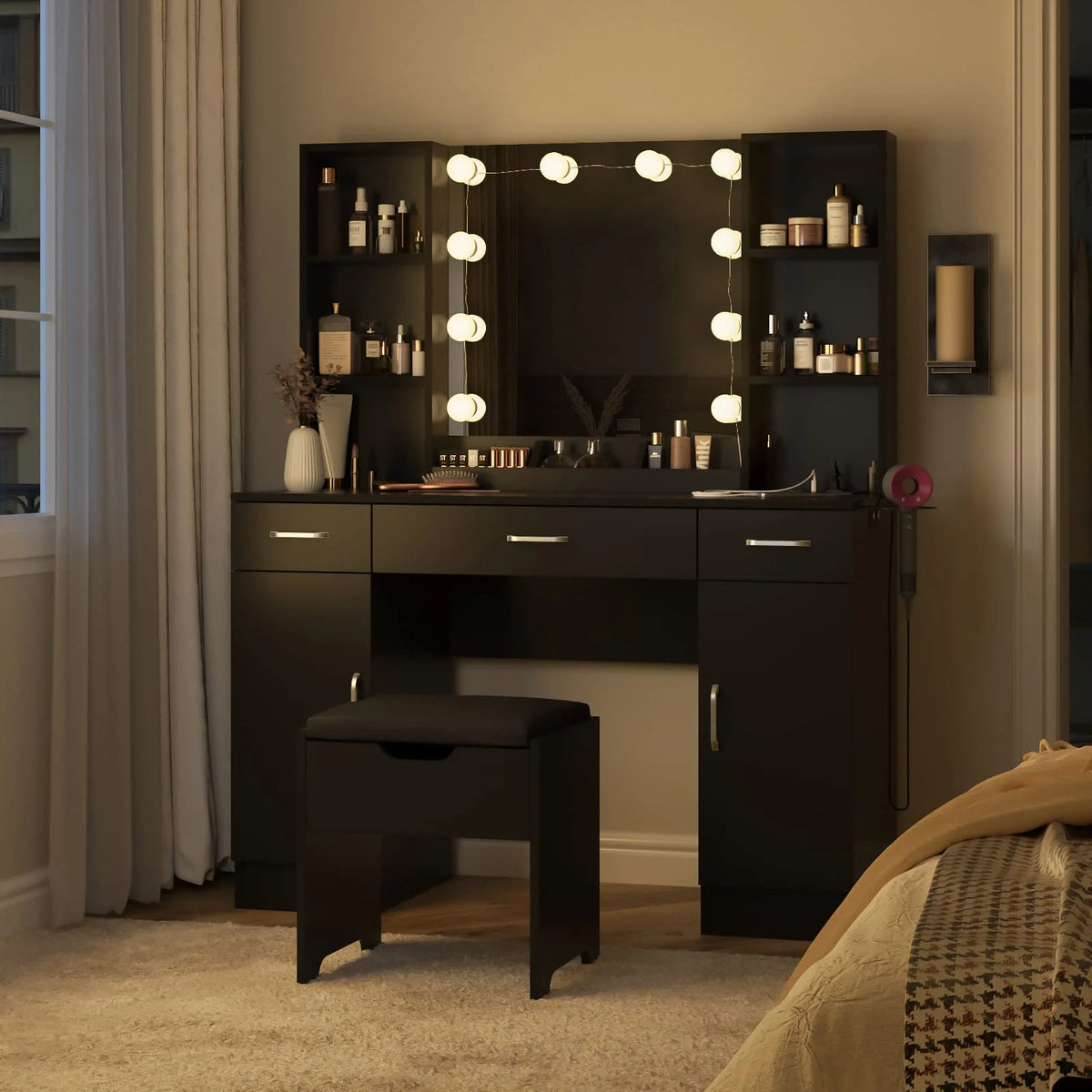VEANERWOOD Large Makeup Vanity Set with Light Modern Makeup Vanity Table with Storage and Adjustable Lighting Colors for Bedroom 45.2in, White