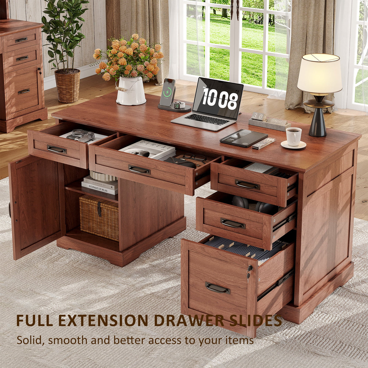 Whalefall 55 in Farmhouse Executive Desk with File Drawer for Adult Home Office, White