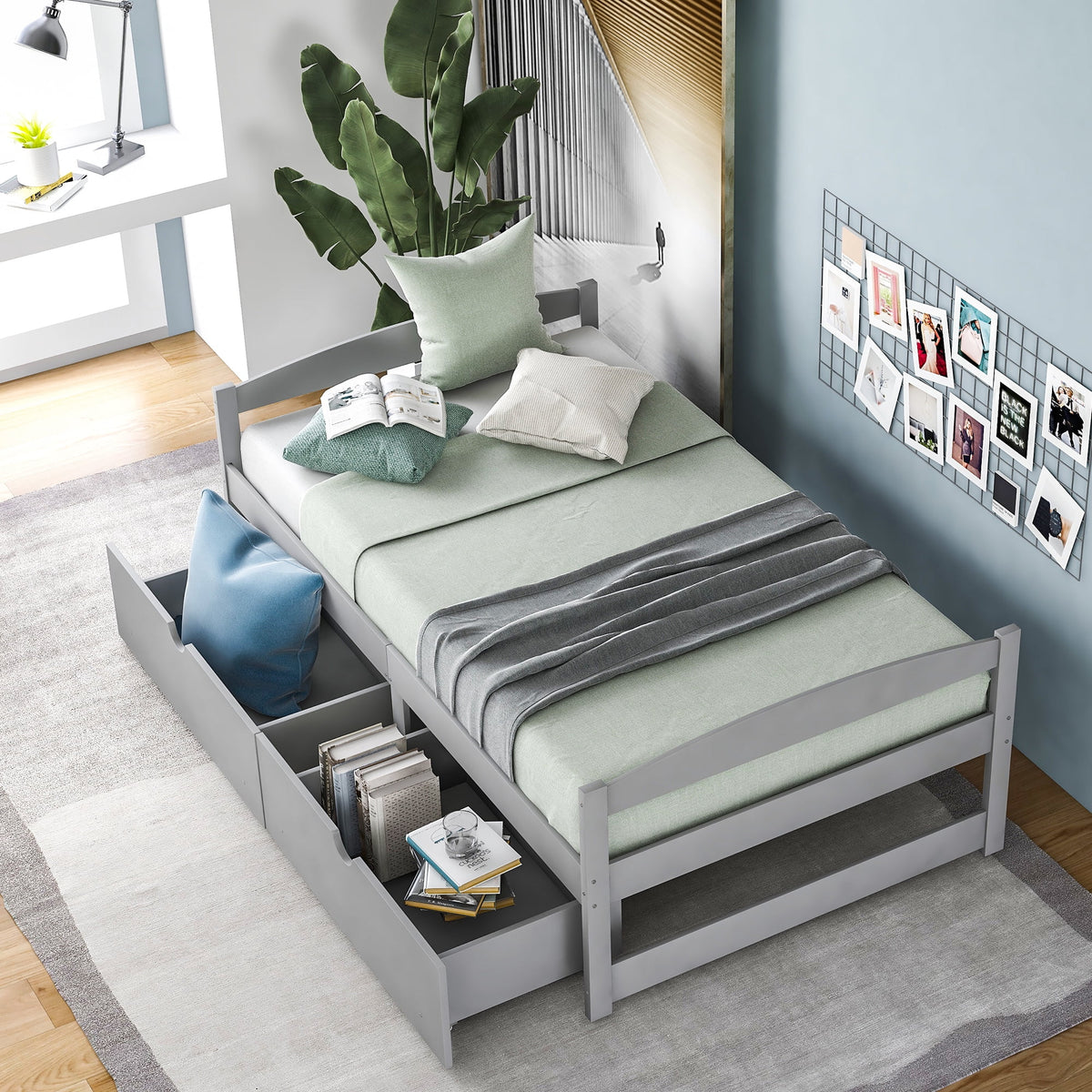 Euroco Twin Size Wooden Daybed with 2 Storage Drawers for Kids Bedroom, Gray
