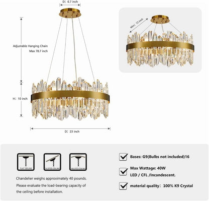 Posiosa Gold Modern Oval Crystal Chandelier, 16-Lights Luxury Chandeliers Modern 2-Tiers K9 Crystal Chandelier Pendant, Light Fixture G9 Lights for Dining Living Room Entryway Kitchen Dia 23 inch
