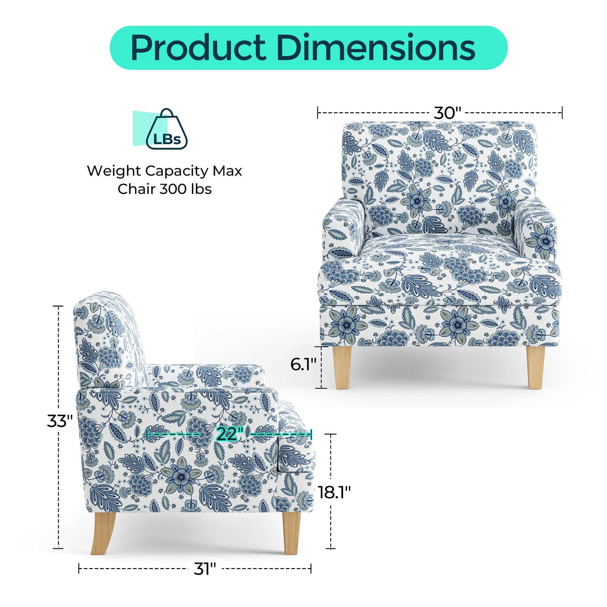 Linsy Home 30" Wide Traditional Tufted Upholstered Armchair Set of 2, Floral Accent Chair For Living Room, Bedroom, Reading, Green