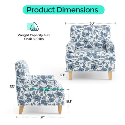 Linsy Home 30" Wide Traditional Tufted Upholstered Armchair Set of 2, Floral Accent Chair For Living Room, Bedroom, Reading, Green