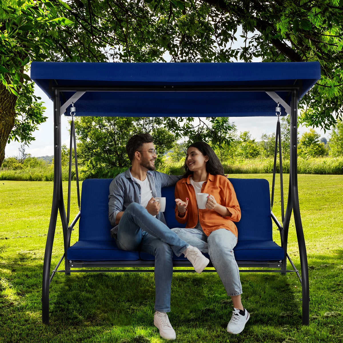 Pirecart 3 Person Patio Porch Swing Outdoor Converting Swing Glider Hammock with Adjustable Canopy, Cushions, Red