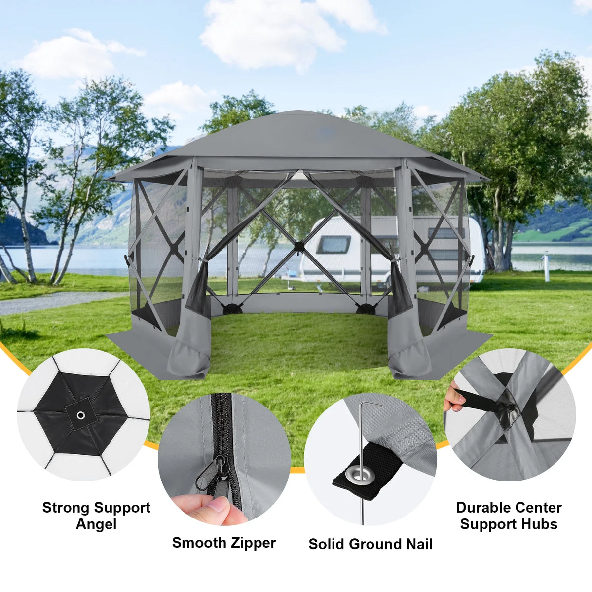 HOTEEL 12x12 Portable Pop-Up Outdoor Camping Gazebo, Screen Tent with Mosquito Nettings, Waterproof, UV, Bite Proof, Removable top Glamping Canopy with Carry Bag, Gray