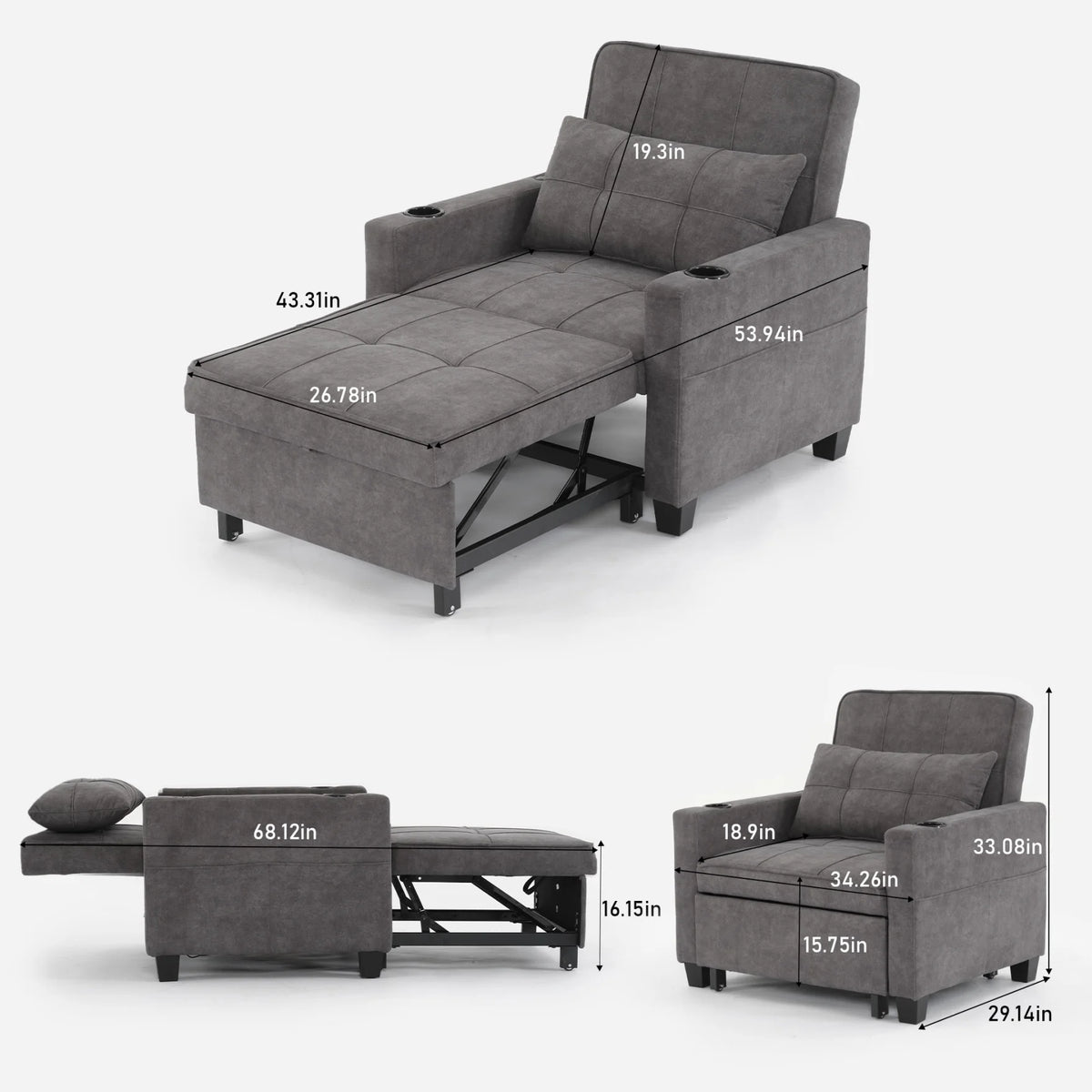 Convertible Futon Sofa Bed, 3-in-1 Multi-Functional Sleeper Chair Bed with USB Ports, Adjustable Backrest Recliner,for Living Room Bedroom Small Space, Tech Cloth, Dark Grey
