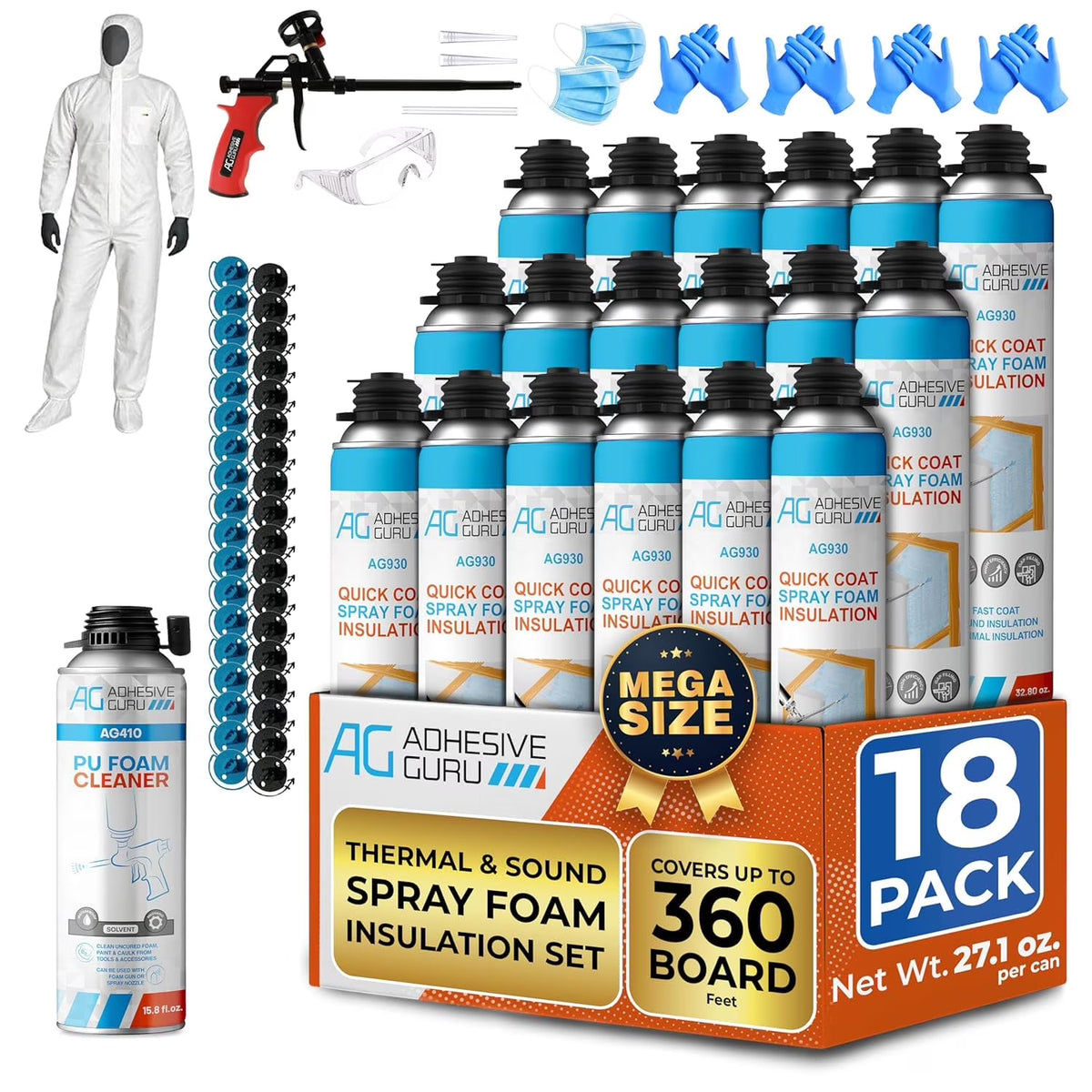 Adhesive Guru Spray Foam Insulation Kit (18 x 32.80 oz/930 gr - 360 Board feet), Self-Expanding Adhesive Foam, Closed Cell Heat Insulation & Acustic Spray with Cleaner and Dispensing Gun- 18 Pack