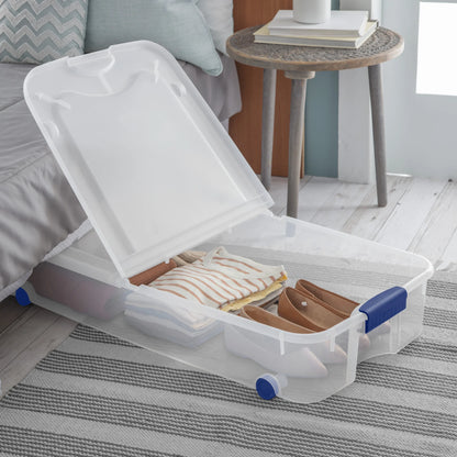 Sterilite 66 Quart Wheeled Latch Box, Clear Underbed Storage Bin with Lid, Blue, 4 Count