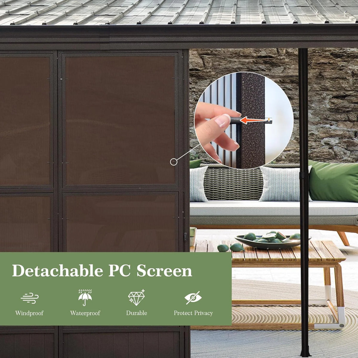 TOTAL Outdoor 10'x12' All-Season Sunroom Gazebo with Steel Roof, PVC Screen, Front & Side Door, Brown