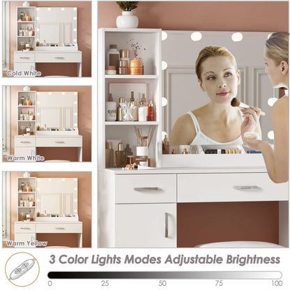 Veanerwood Makeup Vanity Table with 10 Led Lights, Lighted Mirror Vanity Desk, Modern Bedroom Dressing Vanity, White Finish
