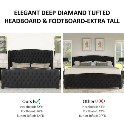 VANACC Queen Size Bed Frame, Velvet Upholstered Bed with Deep Button Tufted Wingback Headboard��Grey