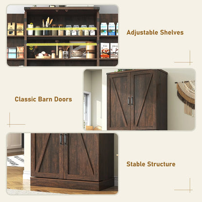 71" Tall Farmhouse Kitchen Pantry with 12 Side Shelves & Adjustable Shelves, 5 Layers Pantry Storage Cabinet w/Load-Bearing Steel Pipe & 4 Barn Doors for Kitchen, Dining Room, Living Room, Brown