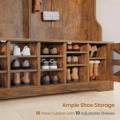 Hall Tree with Coat Rack and 16 Shoe Cubbies, 5-in-1 Entryway Bench with Bench and Shoe Storage, Barn Door & Adjustable Shelf, Embossed White