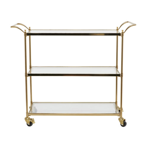DecMode Traditional 3 Tier Gold Metal Bar Cart with Transparent Glass Shelves, 38"W x 31"H