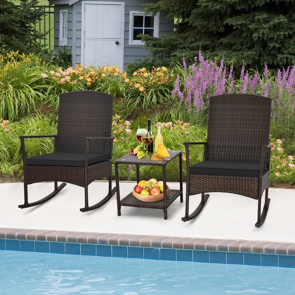 Costway Serenity 3 Piece Patio Rocking Wicker Rockers with White Cushions 2 Tier Coffee Table