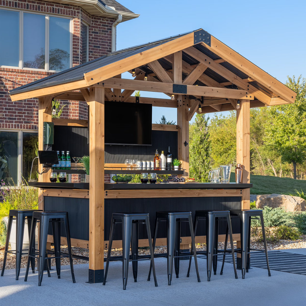 Backyard Discovery Palisade 9'x6' Cedar Wood Outdoor Bar, Galvanized Steel Roof, Bar Tops