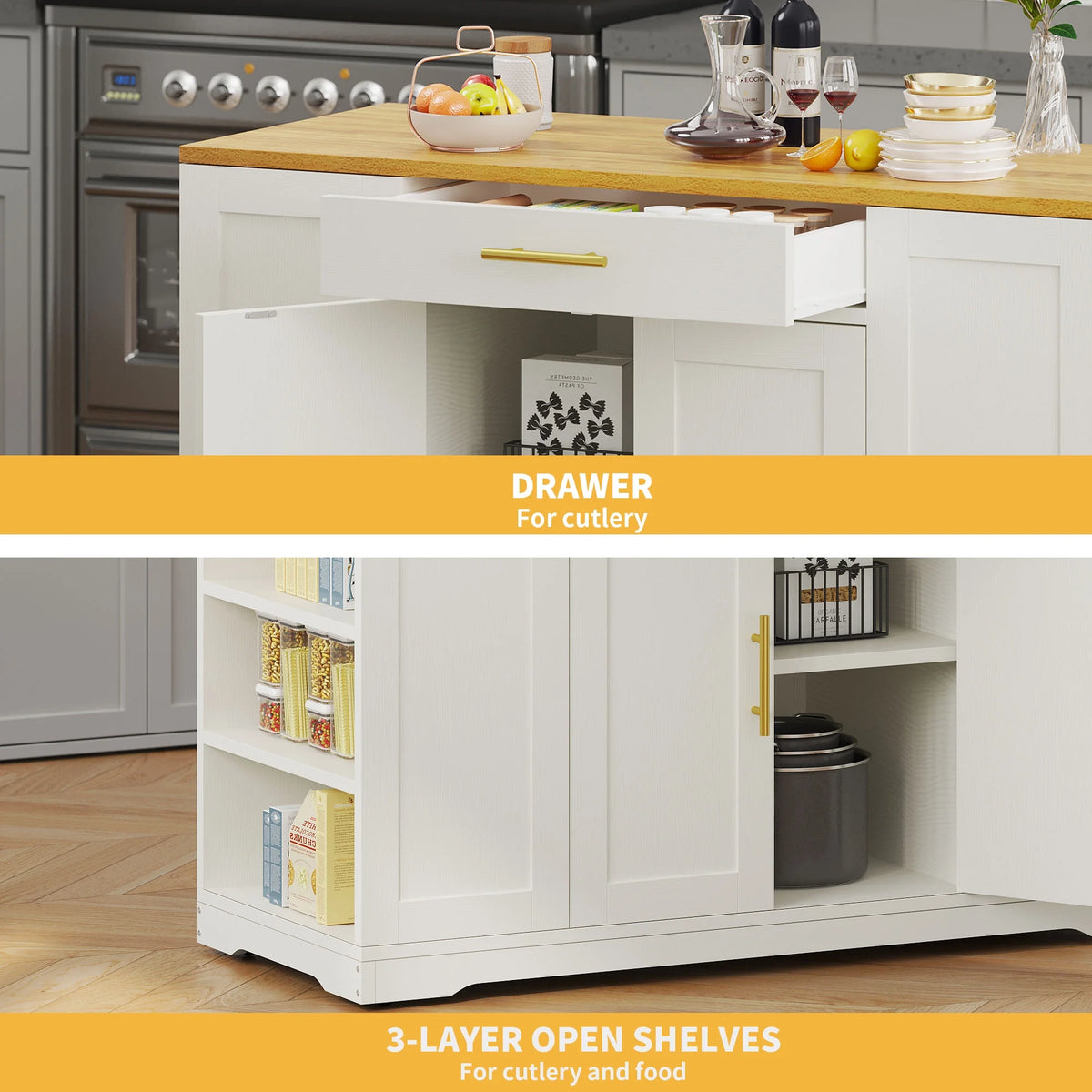 DWVO Kitchen Storage Cart with Trash Can Storage Cabinet, Rolling Kitchen Island with Wheels and Drawers for 13-Gallon Trash Bin, Gray