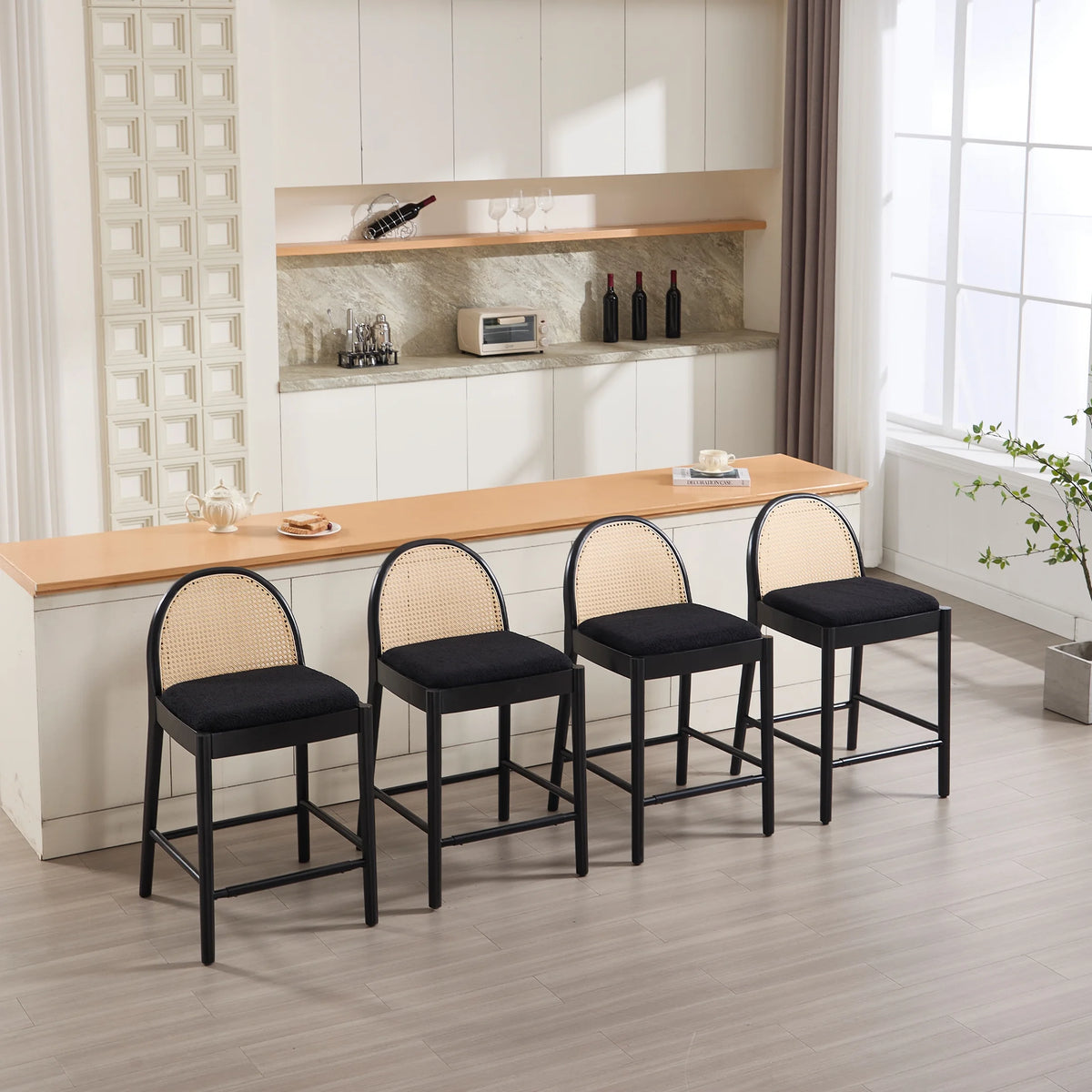 Guyou Modern Bar Stools Set of 2, 26" Counter Height Bar Stools with Natural Rattan Back and Solid Wood Frame, Sherpa Upholstered Kitchen Island Chairs for Bar Island Cafe Kitchen, Black