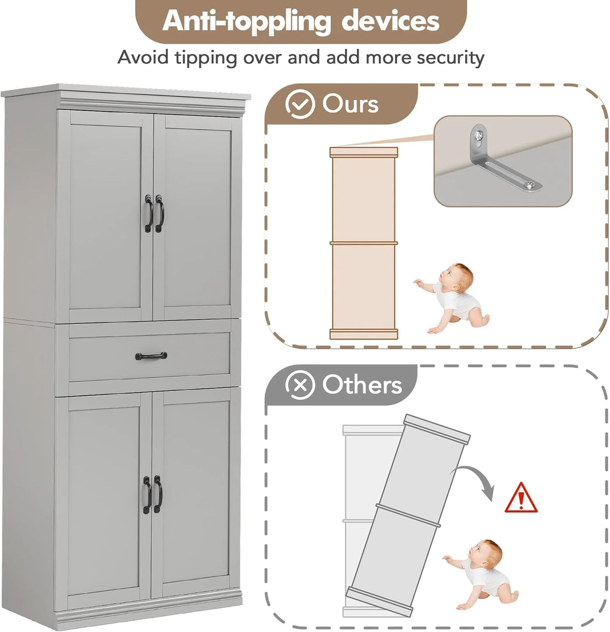 Ataucjin 70" Tall Kitchen Pantry Cabinet, Freestanding Cupboard Kitchen Pantry Storage Cabinet, Freestanding Cupboard with Doors and Adjustable Shelves, for Bathroom, Dining Room, Living Room