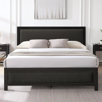 VECELO Queen Size Bed Frame Metal Platform Bed with Upholstered Headboard, No Box Spring Needed, Black