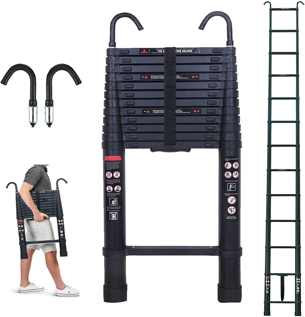 Jupiter Multi-Purpose Telescoping Extension Ladder with 2 Detachable Hooks, 20 ft, Aluminum Silver