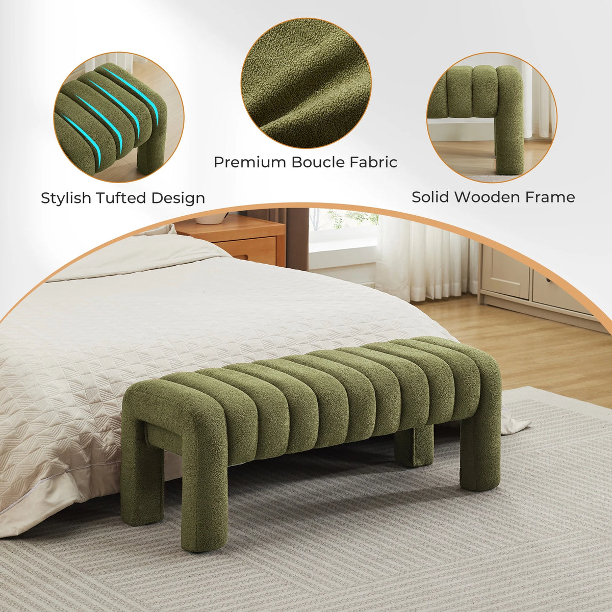 Zesthouse 63�� End of Bed Bench, Linen Tufted Upholstered Ottoman Bench with Padded Seat and Solid Wood Leg, Modern Entryway Bench for Bedroom, Living Room, Beige