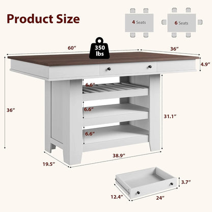 60" Counter Height Dining Table for 4,Rustic Counter Height Dining Table with Drawers& Open Shelves for Kitchen, Bar