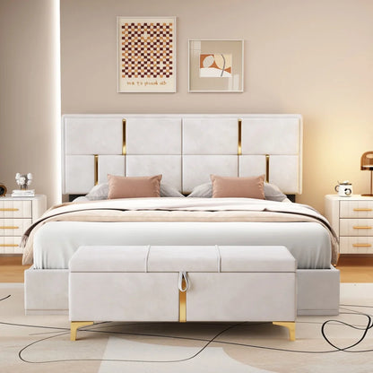 2-Pieces Bedroom Sets, Queen Size Upholstered Platform Bed with Hydraulic Storage System,Storage Ottoman with Metal Legs, 2 Piece Wood Bedroom Furniture Set, Beige