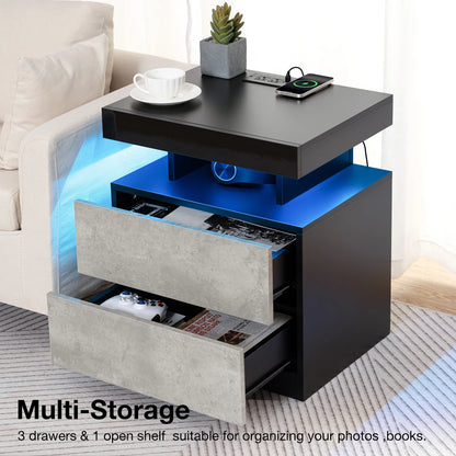 Hommpa LED Nightstand with Wireless Charging Station Modern Nightstand Type C USB Port 2 Drawers Bedside Table Black Smart Night Table High Gloss End Side Table for Bedroom Furniture 22.3" Tall