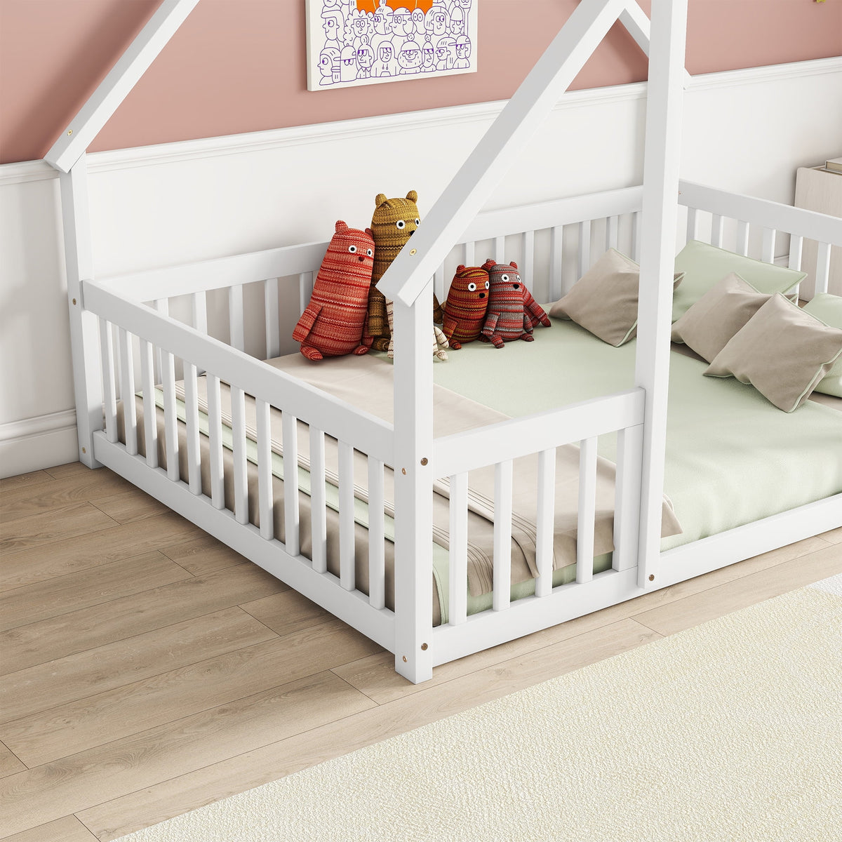 Bellemave Twin Size Floor Bed Frame, Wooden House Bed Twin Size with Fence, Montessori Bed with Guardrails for Bedroom (White)