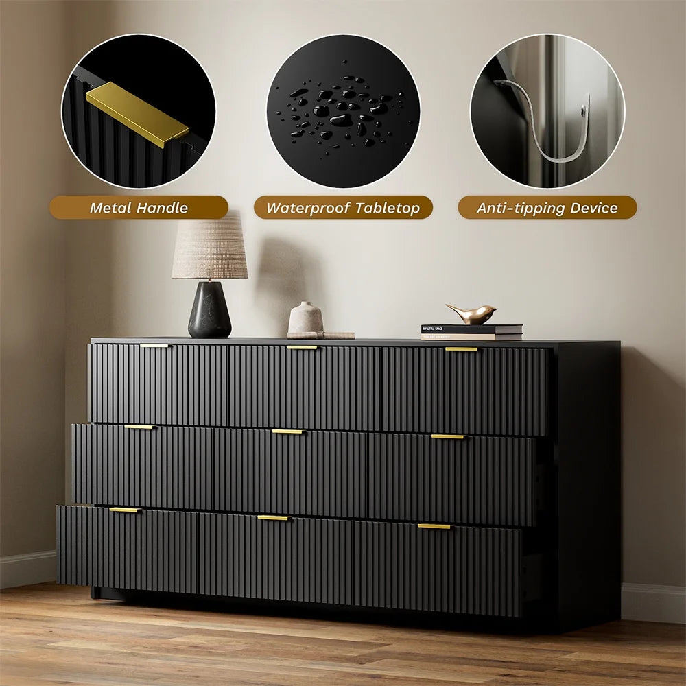 Furniway Fluted Large 9-Drawer Black Dresser