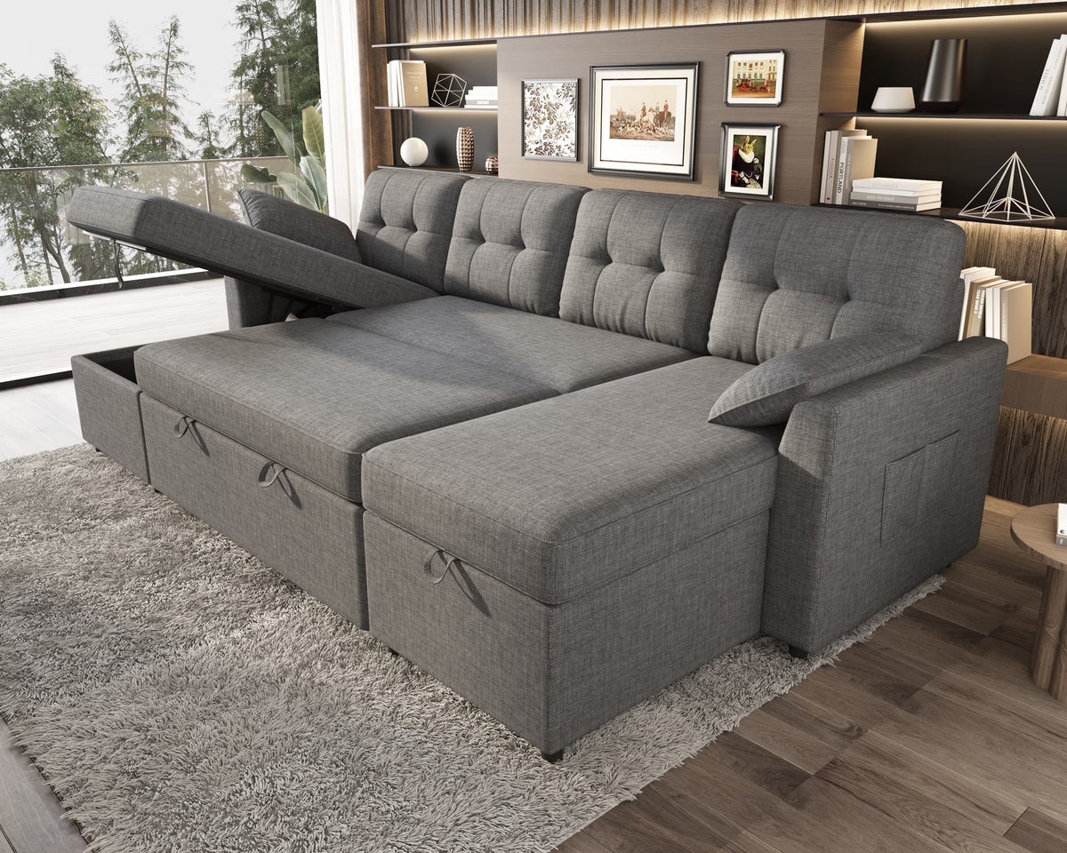 VANACC Sectional Sofa Bed with Storage and Soft Seat ,Reversible Pull Out Couch for Living Room,Beige