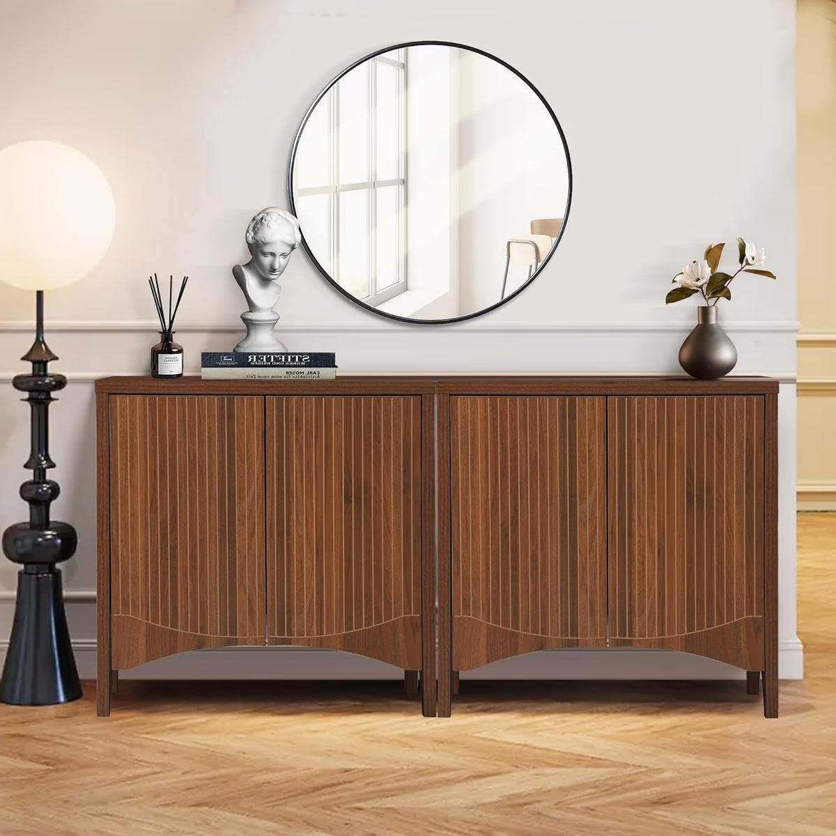 LEFHDA 2PCS Buffet Cabinet, Sideboard Cabinet with Storage, Accent Storage Cabinet with Carved Arc Door Design for Kitchen Dining Room, 2 Doors Buffet Cabinet with Adjustable Shelves
