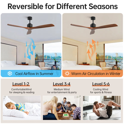 Sofucor Ceiling Fan without Lights, 60 Inch Low Profile Flush Mount Mordern Wood Ceiling Fan with Remote