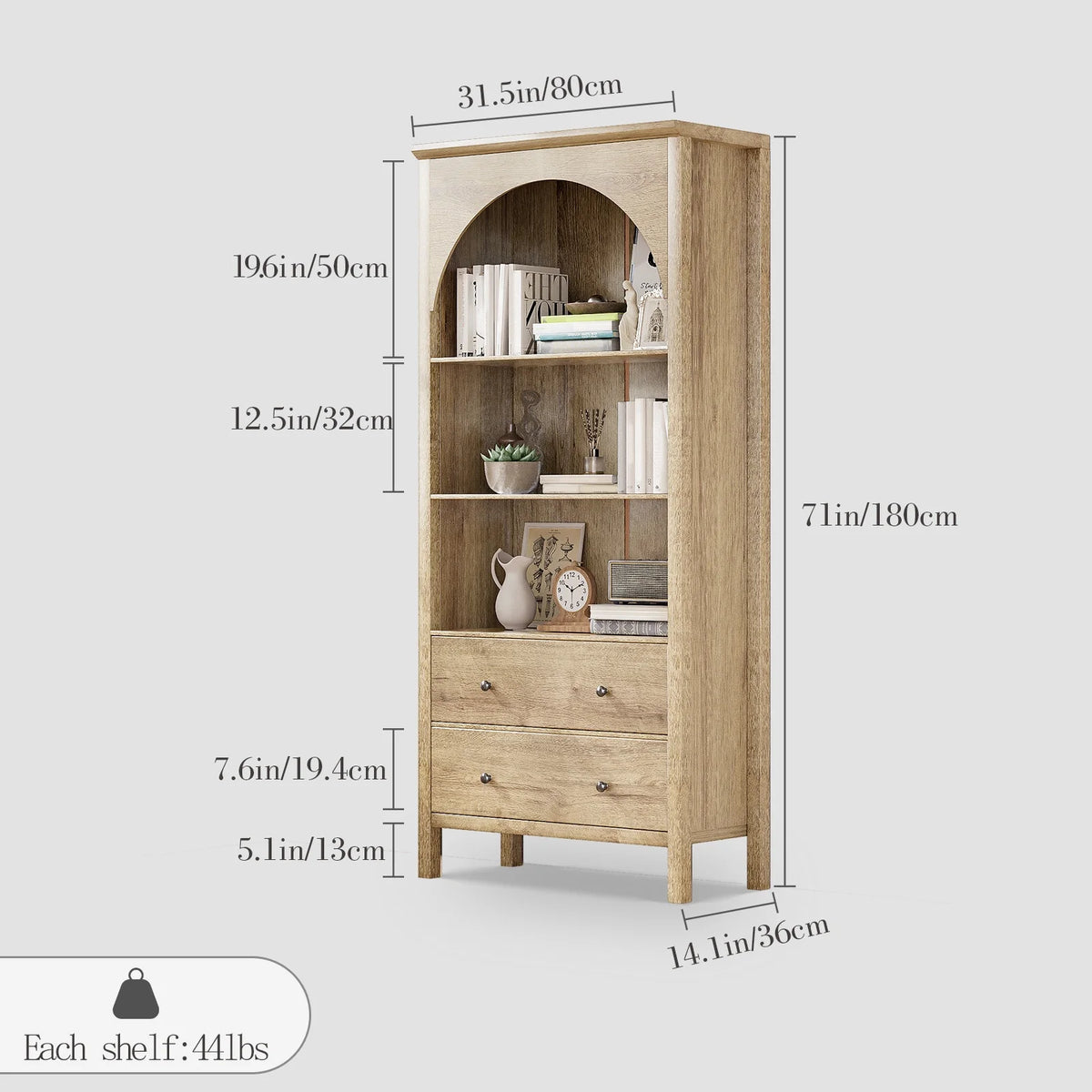 Arched Bookcase, Oak Arched Cabinet with Drawers, 71" Tall China Curio Cabinet, Display Cases for Collectibles, Vintage Bookshelf for Ding Room, Bedroom, Living Room