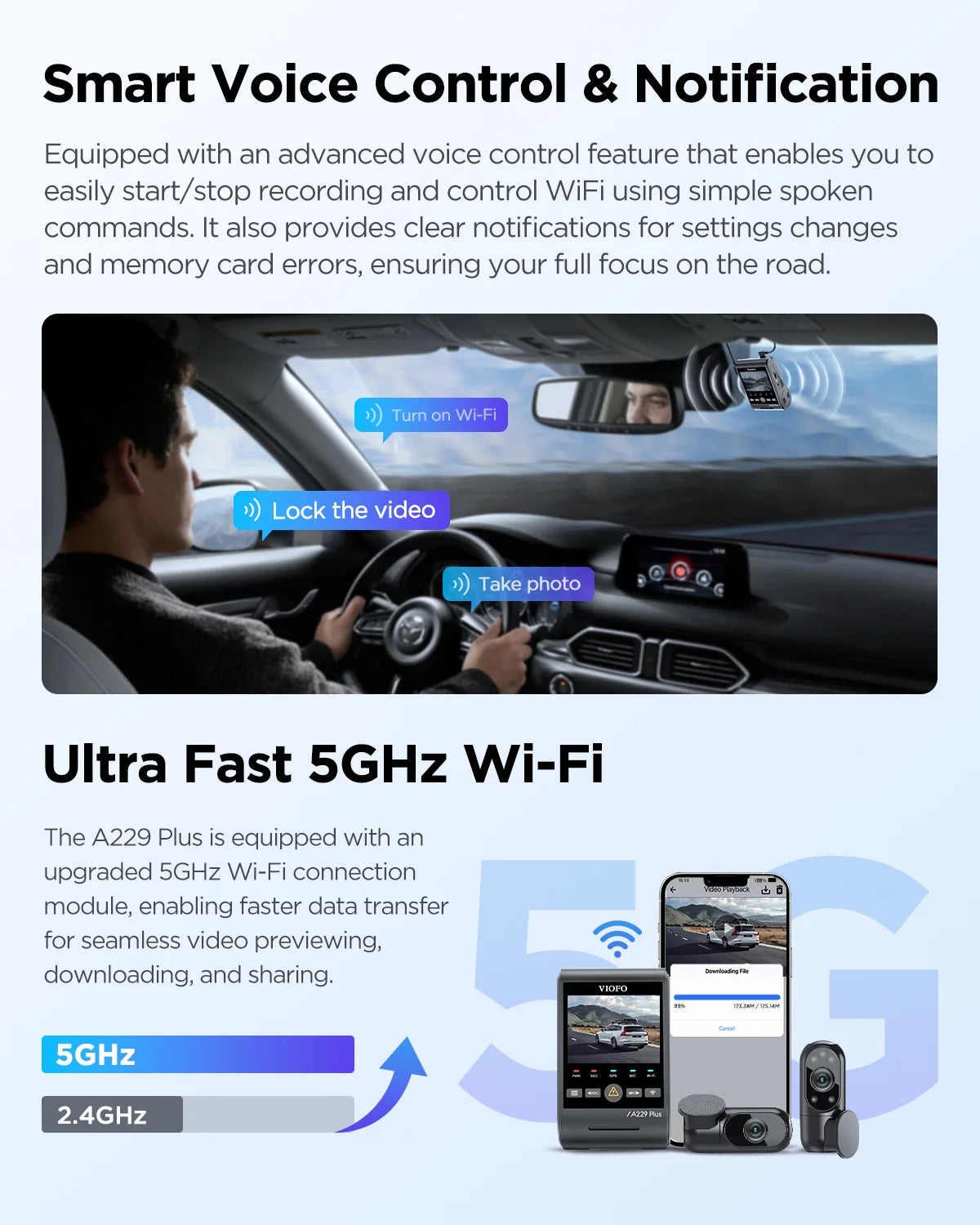 VIOFO A229 Plus Dash Cam with Dual STARVIS 2 Sensors, 2 Channel HDR, 1440P+1440P Front and Rear, Voice Control Car Dash Camera, 5GHz Wi-Fi, Ultra-Precise GPS, 24 Hours Parking Mode, Support 512GB Max