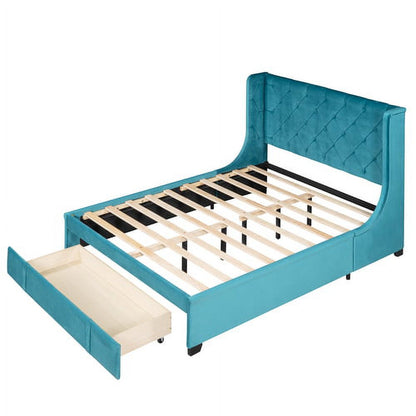Queen Bed Frame with Storage Drawer, Velvet Upholstered Storage Bed, Wood Platform Bed Frame with Wingback Headboard and a Big Drawer(Beige)