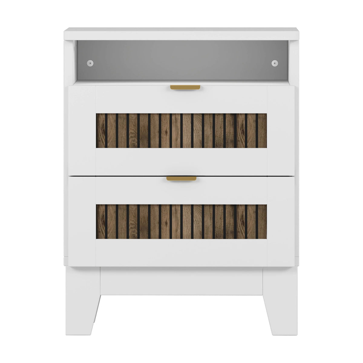 4-Pieces Bedroom Sets, Queen Size Farmhouse Platform Bed with Wooden Strip Stickers Decoration, Storage Nightstand and Dresser with Metal Handle, White