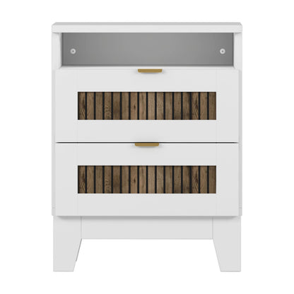 4-Pieces Bedroom Sets, Queen Size Farmhouse Platform Bed with Wooden Strip Stickers Decoration, Storage Nightstand and Dresser with Metal Handle, White