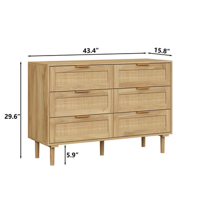 Furnihold 6 Drawer Rattan Dresser for Bedroom, Wooden Dresser Chest of Drawers, Storage Organizer for Closet, Beside Table for Living Room, Entryway