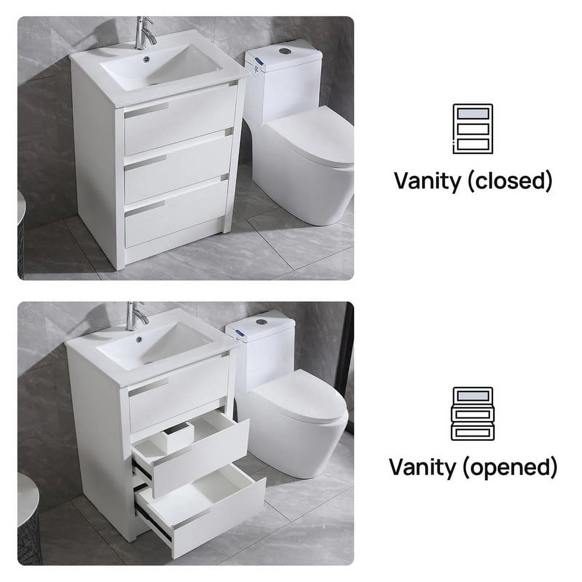 Walsport 24" Luxurious Bathroom Vanity with Ceramic Sink and Countertop and Mirror and Faucet,Double Door Stand Floor Cabinet Bathroom Storage Vanity with Pop Up Drain,White