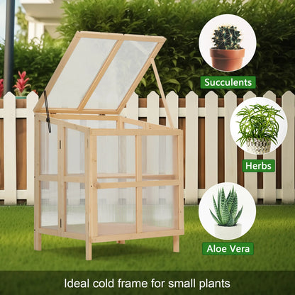 Youmumeub Wooden Cold Frame Greenhouse, 2-Tier Raised Garden Planter with Polycarbonate Panels for Season Extension, Foldable, Natural Wood