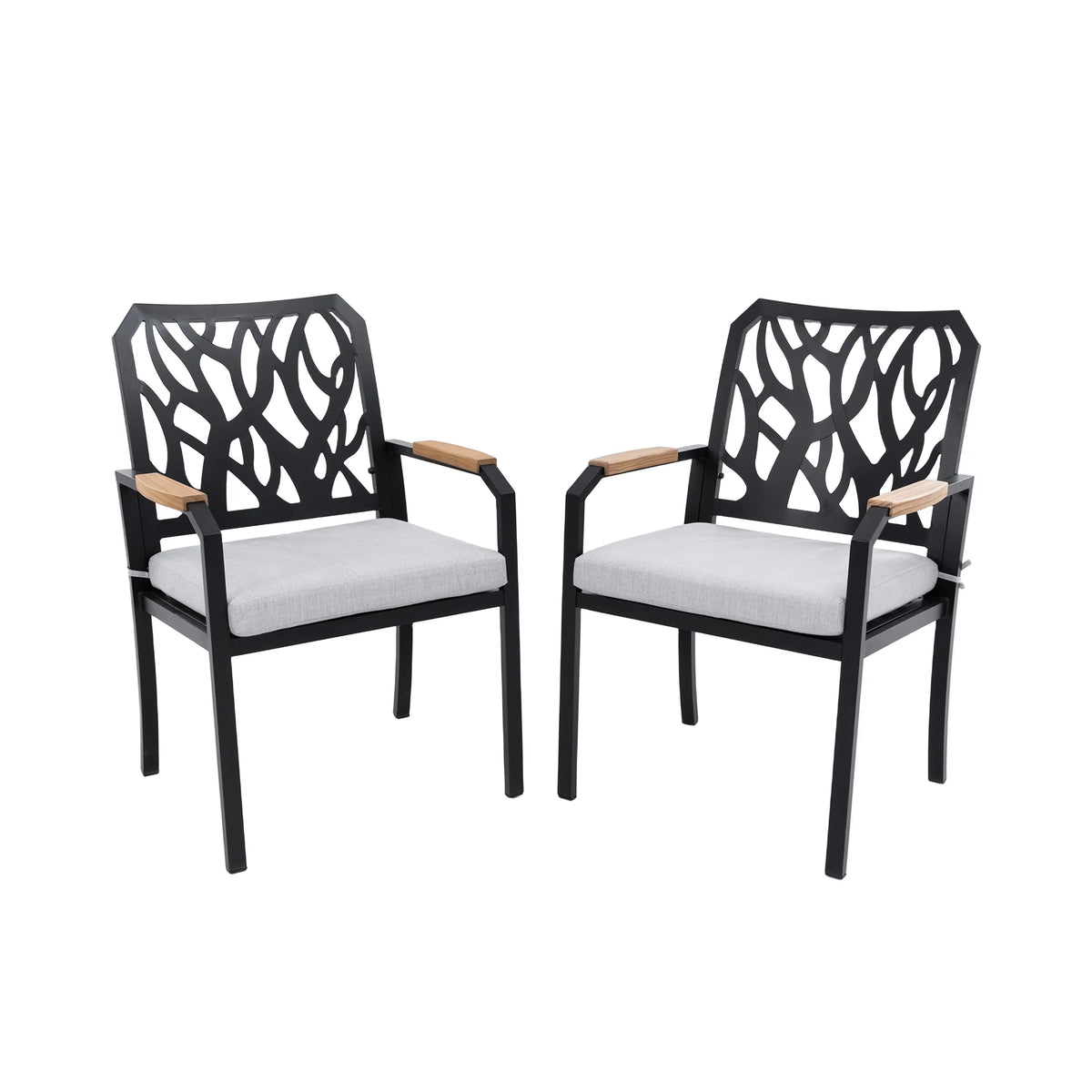 Outdoor Patio K/D Aluminum Stationary Dining Chairs 2PCS with Outdoor-grade Sunbrella Fabric Cushions, Branch-Like Backrest ,FSC-Certified Wood Armrests, Bourbon Brown