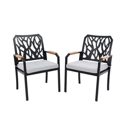 Outdoor Patio K/D Aluminum Stationary Dining Chairs 2PCS with Outdoor-grade Sunbrella Fabric Cushions, Branch-Like Backrest ,FSC-Certified Wood Armrests, Bourbon Brown