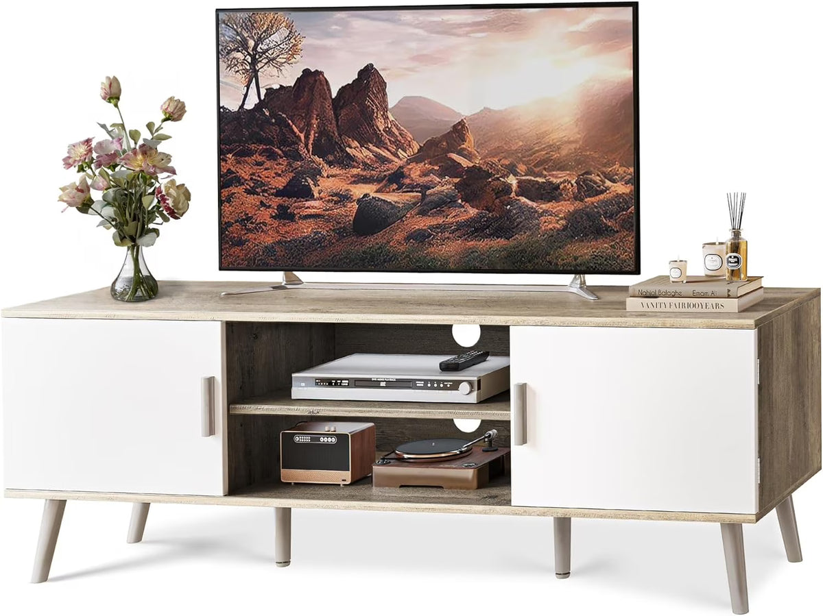 LL TV Stand for 55 Inch TV, Entertainment Center with Adjustable Shelf, 2 Cabinets, TV Console Table, Media Console, Solid Wood Feet, Cord Holes, for Living Room, Bedroom, White