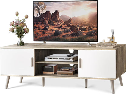 LL TV Stand for 55 Inch TV, Entertainment Center with Adjustable Shelf, 2 Cabinets, TV Console Table, Media Console, Solid Wood Feet, Cord Holes, for Living Room, Bedroom, White