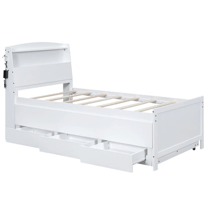 Euroco Wood Twin Size Platform Bed with Storage Headboard, Drawers Trundle and LED Light, White