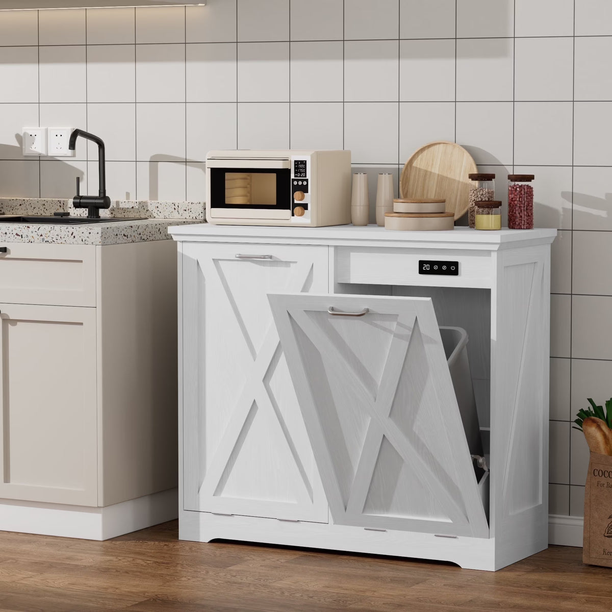 Tolead Double Tilt Out Trash Cabinet, Wooden Free Standing Laundry Sorter Cabinet, with Hideaway Drawer, White