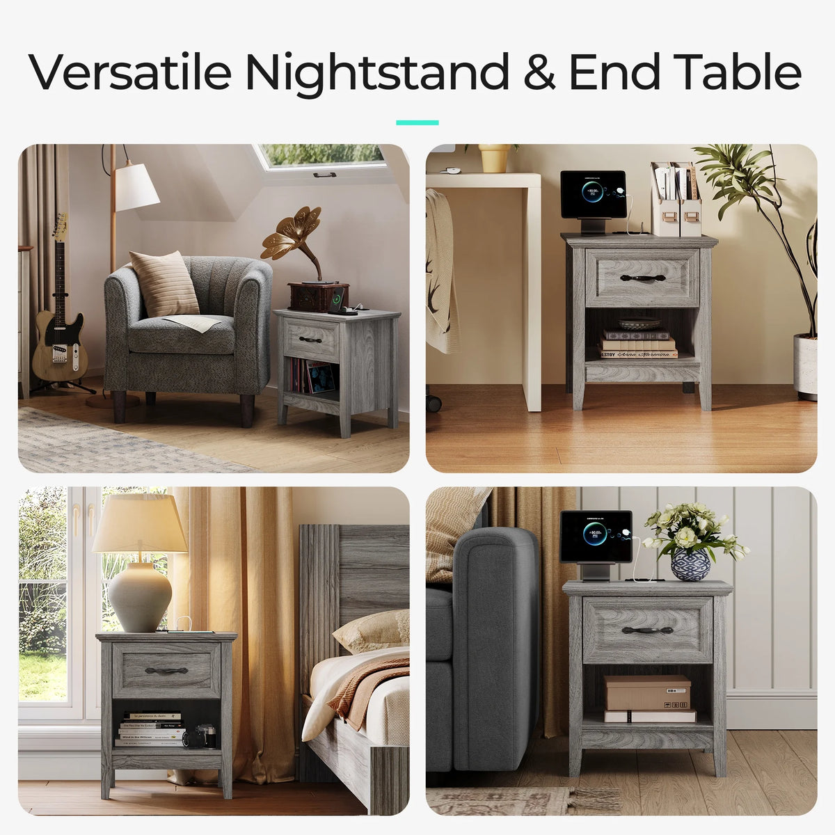 Linsy Home Nightstand for Bedroom set of 2 with Charging Station, Farmhouse End Tables for Living Room set of 2 with Drawer, Beige