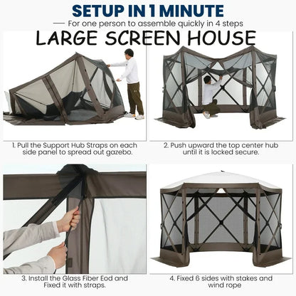 COBIZI 12'x12' Pop-up Gazebo Outdoor Camping Tent with 6 Sides Mosquito Netting, Waterproof, UV Resistant, Portable Screen House Room, Easy Set-up Party Tent with Carry bag, Ground Spike, Brown